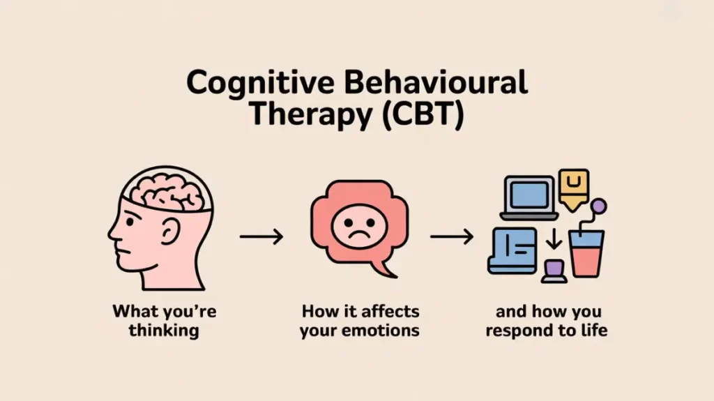 CBT isn’t about forcing positive thoughts—it’s about understanding your patterns and learning healthier ways to respond, with support and care