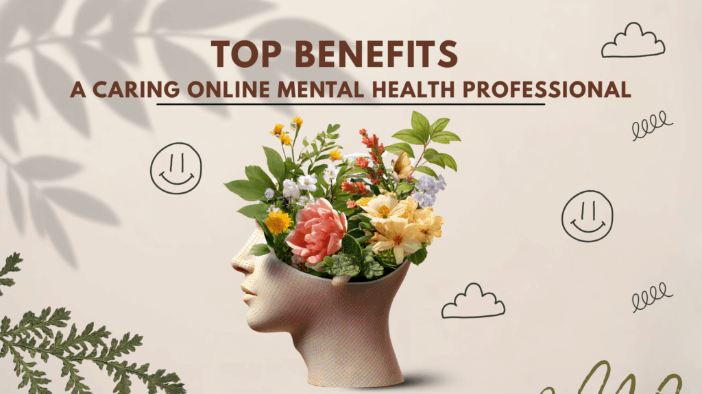 A caring online mental health professional providing therapy through a video call, highlighting the benefits of online mental health support.