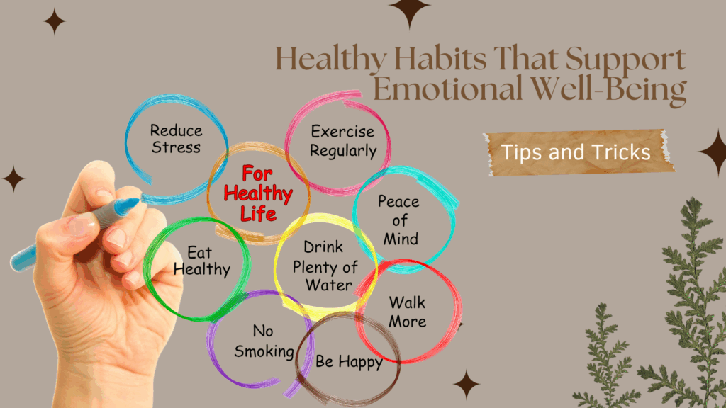 Illustration showing calm daily routines like mindfulness, exercise, healthy eating, and rest representing healthy habits for emotional well-being.