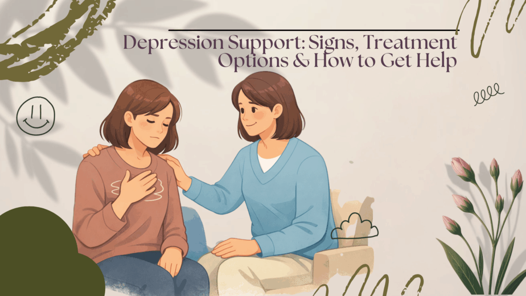 Depression support illustrating signs of depression, emotional struggle, and professional treatment options to help people get mental health support.