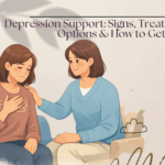 Depression support illustrating signs of depression, emotional struggle, and professional treatment options to help people get mental health support.