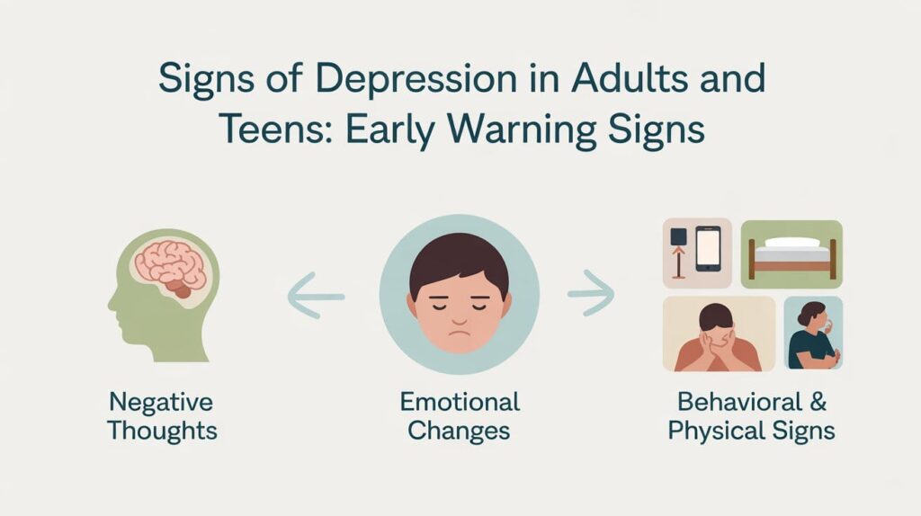 Illustration showing adults and teenagers experiencing emotional distress, highlighting common signs of depression such as sadness, isolation, low energy, and anxiety
