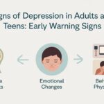 Illustration showing adults and teenagers experiencing emotional distress, highlighting common signs of depression such as sadness, isolation, low energy, and anxiety