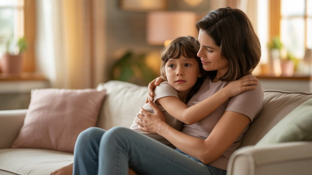 Helping Kids Manage Anxiety by showing a parent calmly supporting a child through emotional reassurance and stress-relief techniques.