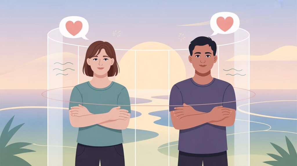 Two people with hearts and barriers.