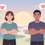 Two people with hearts and barriers.